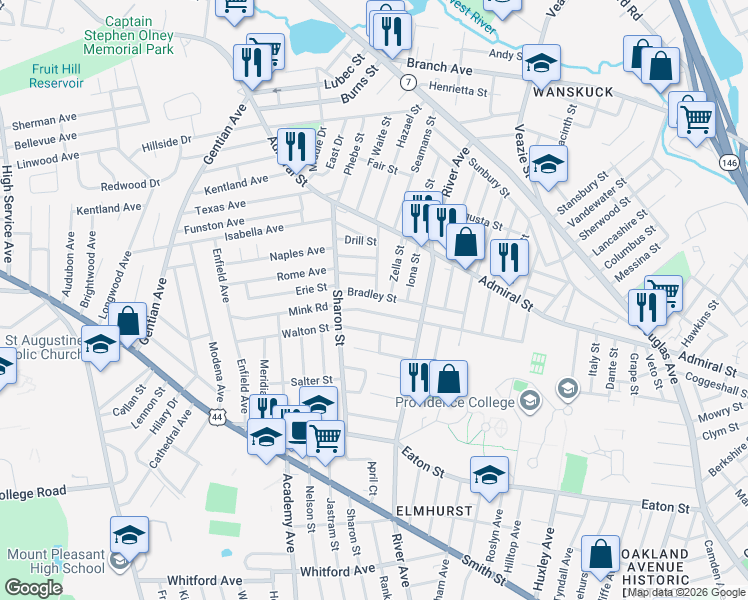 map of restaurants, bars, coffee shops, grocery stores, and more near 61 Stonelaw Avenue in Providence
