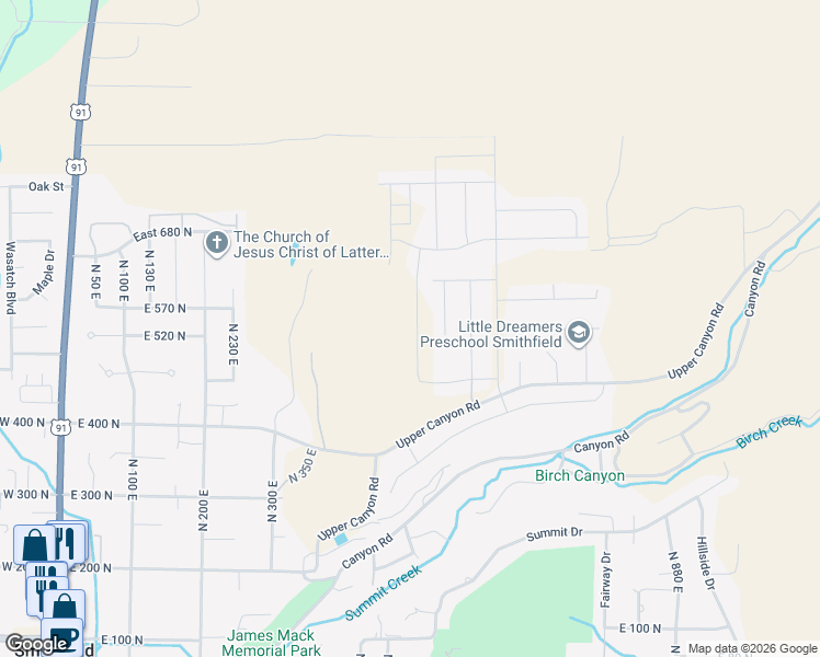 map of restaurants, bars, coffee shops, grocery stores, and more near 557 North 510 East in Smithfield