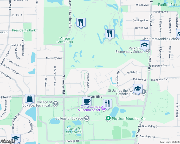 map of restaurants, bars, coffee shops, grocery stores, and more near 385 Sandhurst Circle in Glen Ellyn