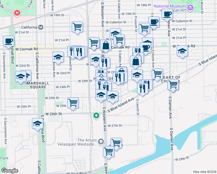 map of restaurants, bars, coffee shops, grocery stores, and more near 2346 West 24th Place in Chicago