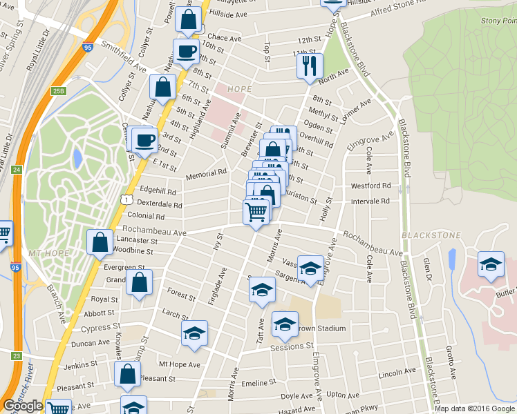 map of restaurants, bars, coffee shops, grocery stores, and more near 249 Rochambeau Avenue in Providence
