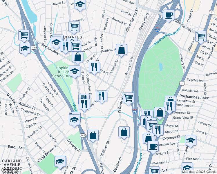 map of restaurants, bars, coffee shops, grocery stores, and more near 30 Royal Little Drive in Providence