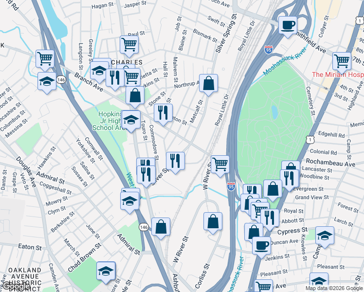 map of restaurants, bars, coffee shops, grocery stores, and more near 30 Royal Little Drive in Providence