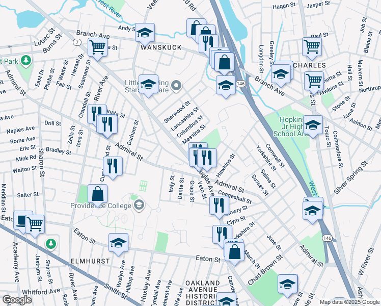 map of restaurants, bars, coffee shops, grocery stores, and more near 619 Rhode Island 7 in Providence