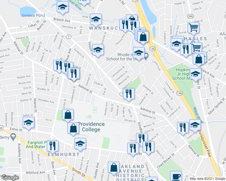 map of restaurants, bars, coffee shops, grocery stores, and more near 22 Addeo Street in Providence