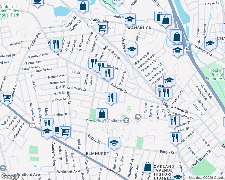 map of restaurants, bars, coffee shops, grocery stores, and more near 58 Carteret Street in Providence