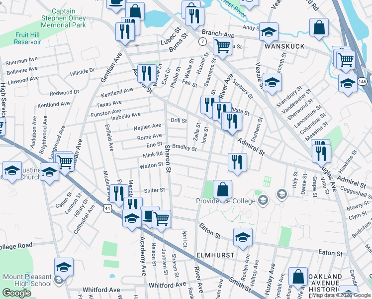map of restaurants, bars, coffee shops, grocery stores, and more near 61 Stonelaw Avenue in Providence