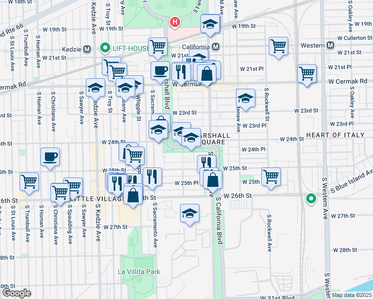 map of restaurants, bars, coffee shops, grocery stores, and more near 2443 South Francisco Avenue in Chicago