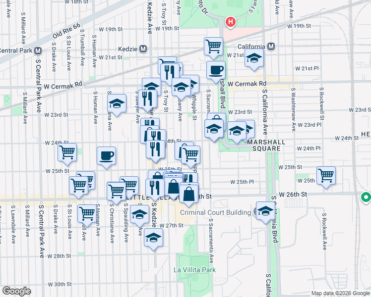 map of restaurants, bars, coffee shops, grocery stores, and more near 2437 South Albany Avenue in Chicago