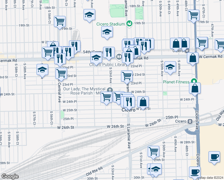 map of restaurants, bars, coffee shops, grocery stores, and more near 5242 West 24th Place in Cicero