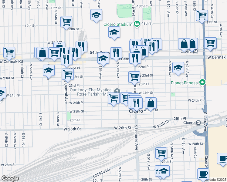 map of restaurants, bars, coffee shops, grocery stores, and more near 5321 West 24th Street in Cicero