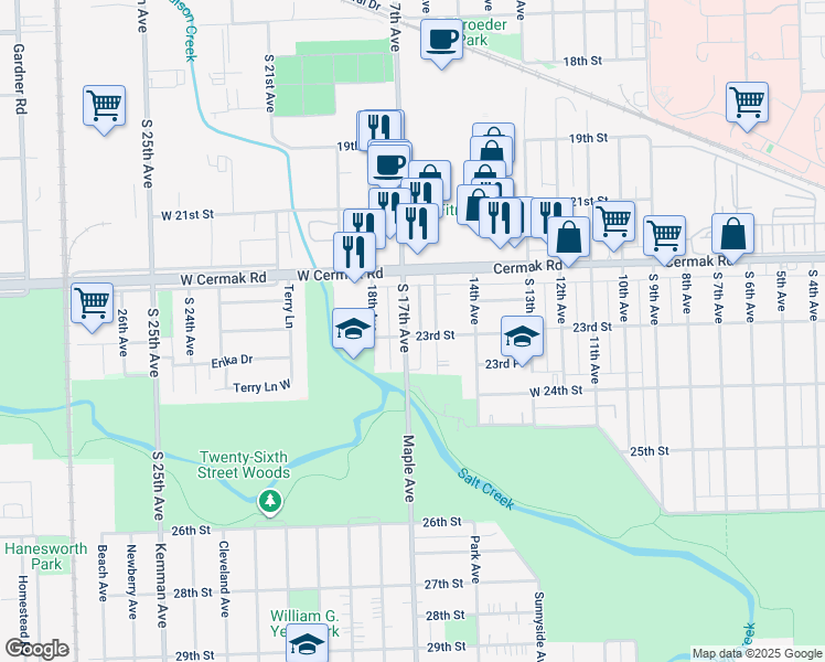 map of restaurants, bars, coffee shops, grocery stores, and more near 2317 South 17th Avenue in North Riverside