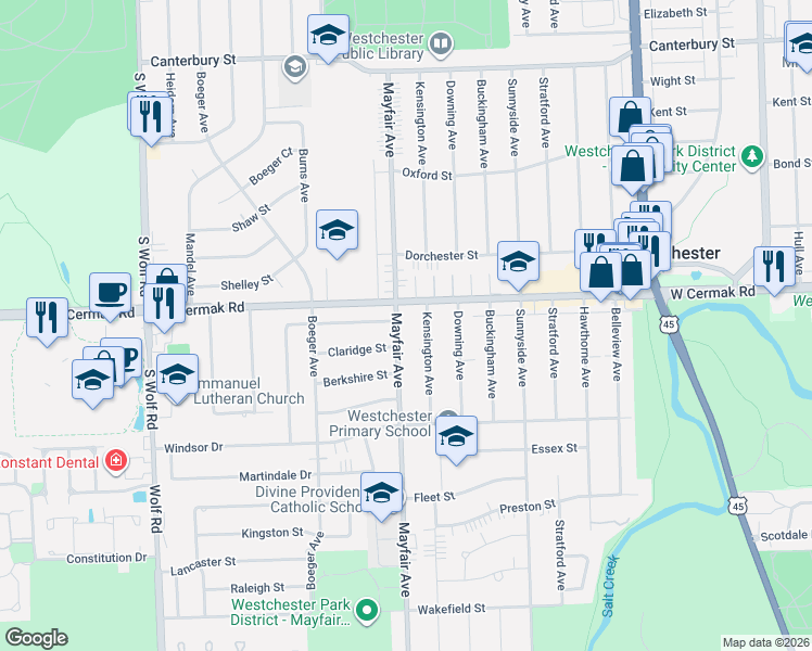 map of restaurants, bars, coffee shops, grocery stores, and more near 2237 Mayfair Avenue in Westchester
