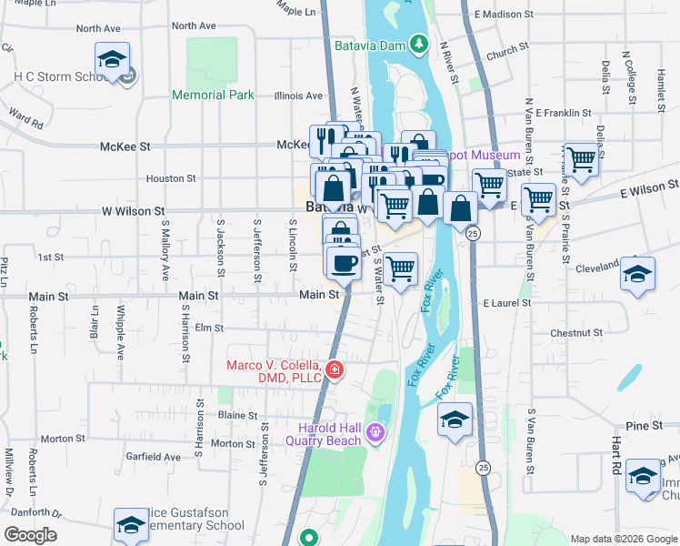 map of restaurants, bars, coffee shops, grocery stores, and more near in Batavia
