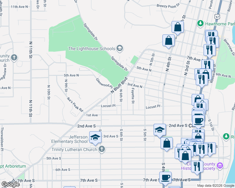 map of restaurants, bars, coffee shops, grocery stores, and more near 212 North 6th Street in Clinton
