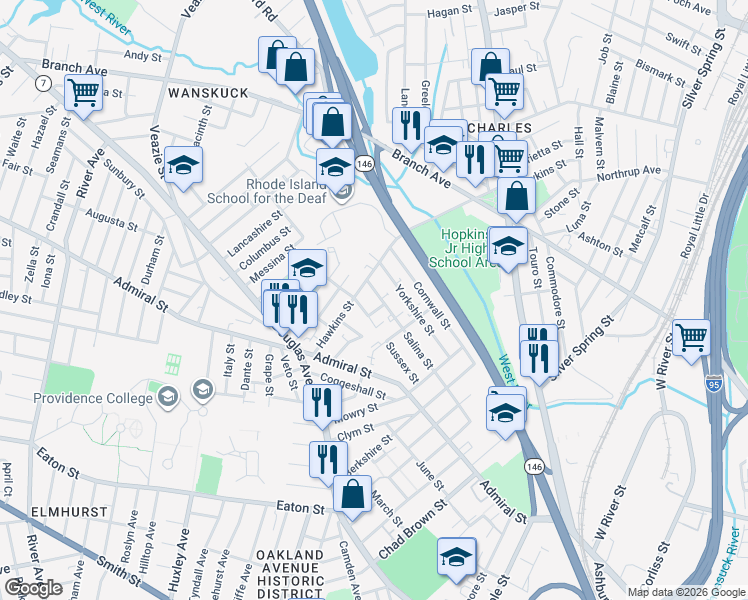 map of restaurants, bars, coffee shops, grocery stores, and more near 8 Glasgow Street in Providence