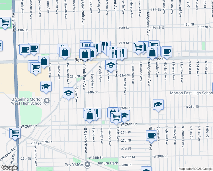 map of restaurants, bars, coffee shops, grocery stores, and more near 2347 Wesley Avenue in Berwyn