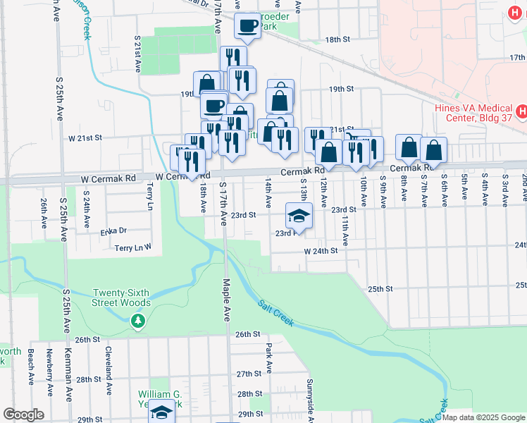 map of restaurants, bars, coffee shops, grocery stores, and more near 2317 South 15th Avenue in North Riverside