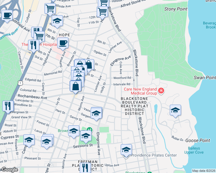 map of restaurants, bars, coffee shops, grocery stores, and more near 612 Elmgrove Avenue in Providence