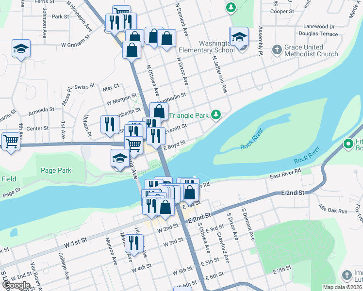 map of restaurants, bars, coffee shops, grocery stores, and more near 212 East Boyd Street in Dixon