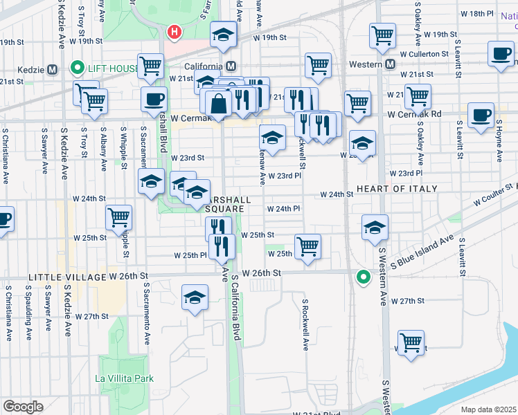 map of restaurants, bars, coffee shops, grocery stores, and more near 2700 West 24th Street in Chicago