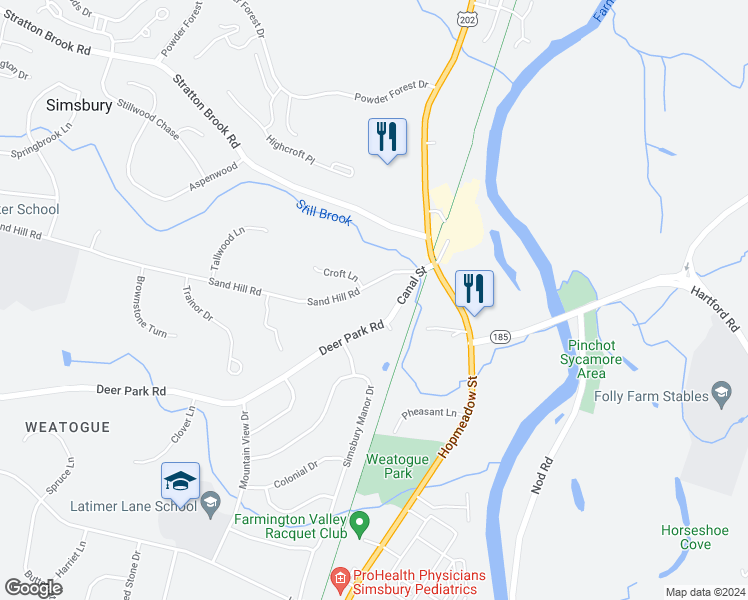 map of restaurants, bars, coffee shops, grocery stores, and more near 2 Croft Lane in Simsbury