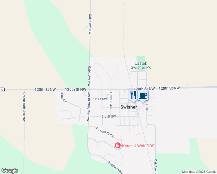 map of restaurants, bars, coffee shops, grocery stores, and more near 227 Division Street Northwest in Swisher