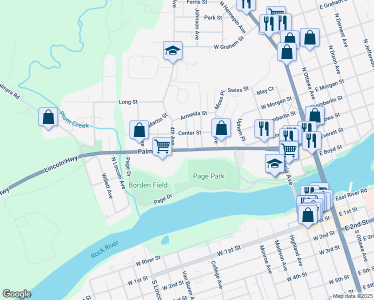 map of restaurants, bars, coffee shops, grocery stores, and more near 804 Palmyra Street in Dixon