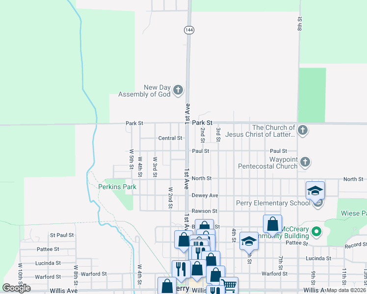 map of restaurants, bars, coffee shops, grocery stores, and more near 2101 1st Avenue in Perry