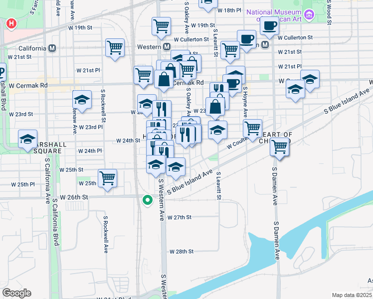 map of restaurants, bars, coffee shops, grocery stores, and more near 2420 South Oakley Avenue in Chicago