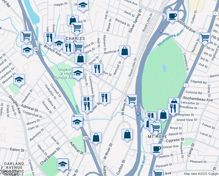 map of restaurants, bars, coffee shops, grocery stores, and more near 65 Metcalf Street in Providence