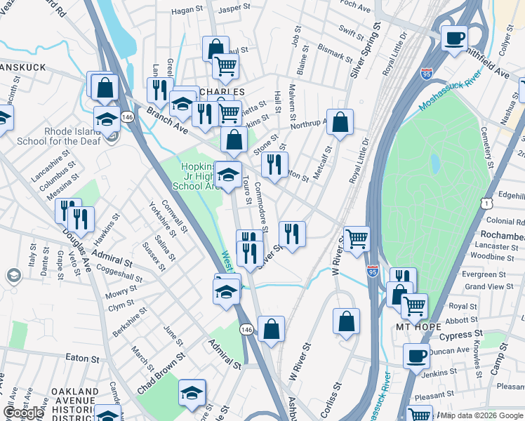 map of restaurants, bars, coffee shops, grocery stores, and more near 97 Commodore Street in Providence