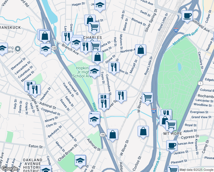 map of restaurants, bars, coffee shops, grocery stores, and more near 97 Commodore Street in Providence