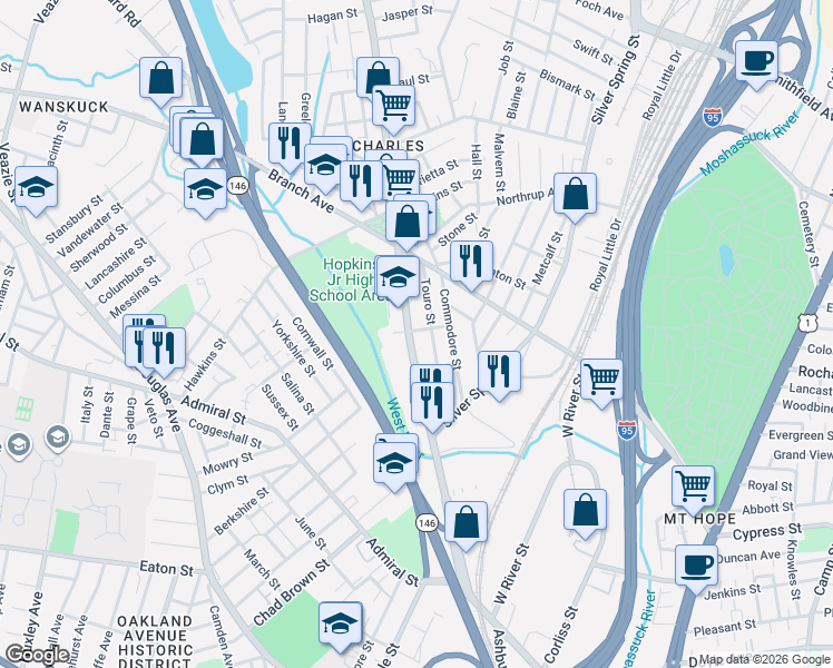 map of restaurants, bars, coffee shops, grocery stores, and more near 485 Charles Street in Providence
