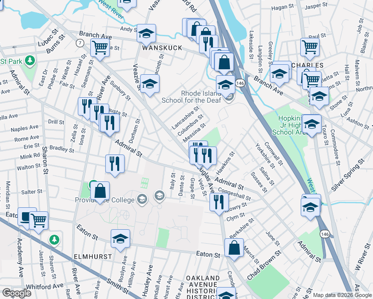 map of restaurants, bars, coffee shops, grocery stores, and more near 685 Douglas Avenue in Providence