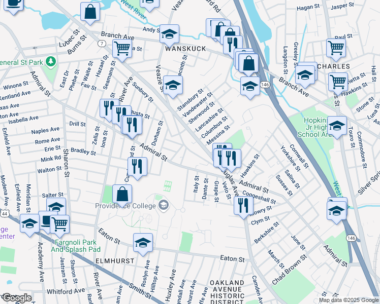 map of restaurants, bars, coffee shops, grocery stores, and more near 121 Veazie Street in Providence