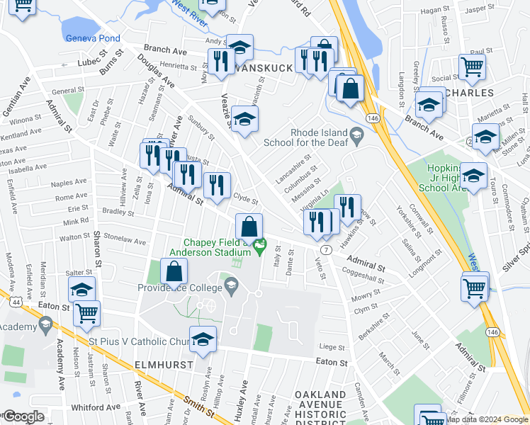 map of restaurants, bars, coffee shops, grocery stores, and more near 121 Veazie Street in Providence