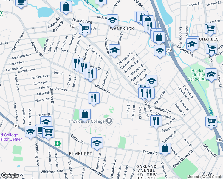 map of restaurants, bars, coffee shops, grocery stores, and more near 30 Clyde Street in Providence