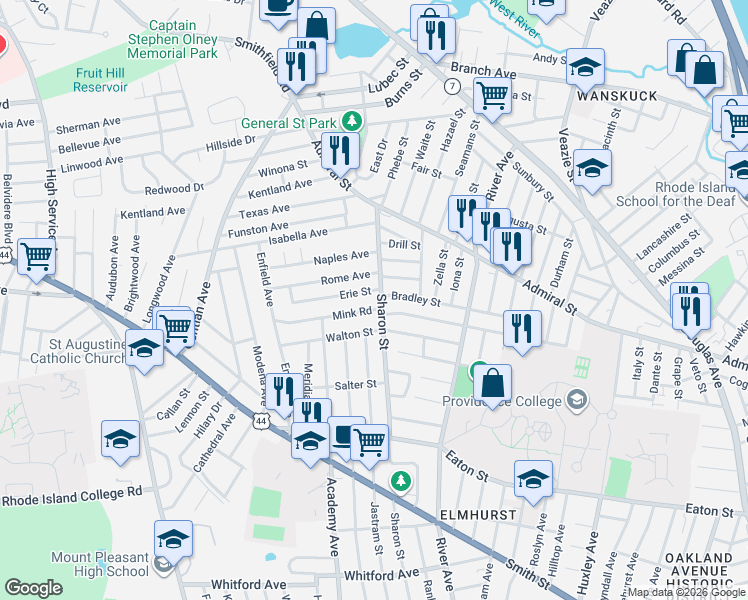 map of restaurants, bars, coffee shops, grocery stores, and more near 14 Rome Avenue in Providence