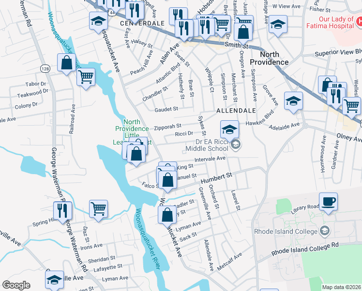 map of restaurants, bars, coffee shops, grocery stores, and more near 35 Ricci Drive in North Providence