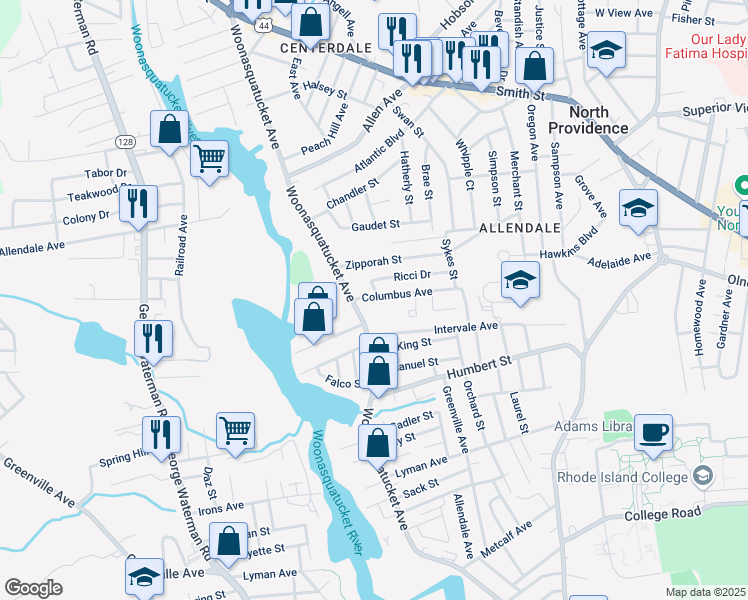 map of restaurants, bars, coffee shops, grocery stores, and more near 4 Ricci Drive in North Providence