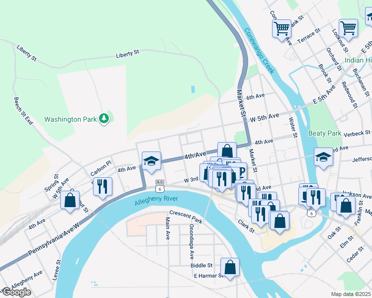 map of restaurants, bars, coffee shops, grocery stores, and more near 420 Poplar St in Warren