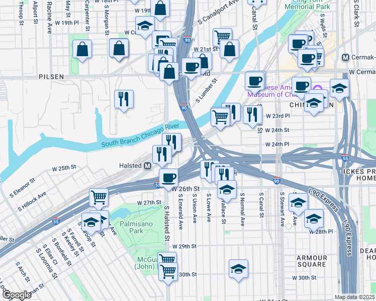 map of restaurants, bars, coffee shops, grocery stores, and more near 2423 South Halsted Street in Chicago