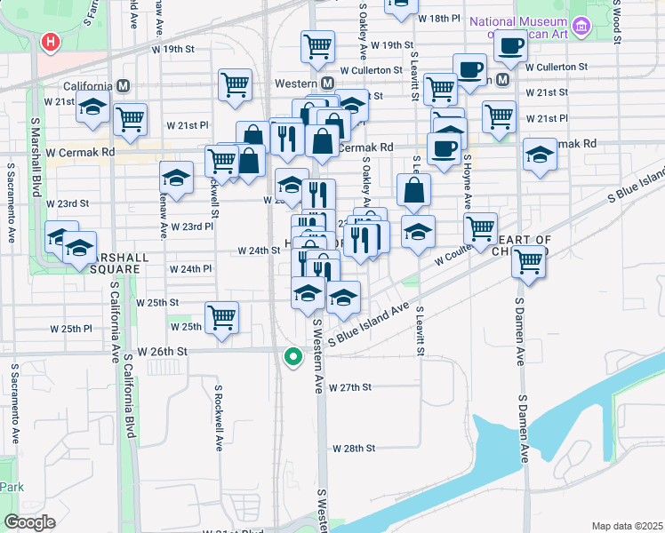 map of restaurants, bars, coffee shops, grocery stores, and more near 2359-2399 South Western Avenue in Chicago