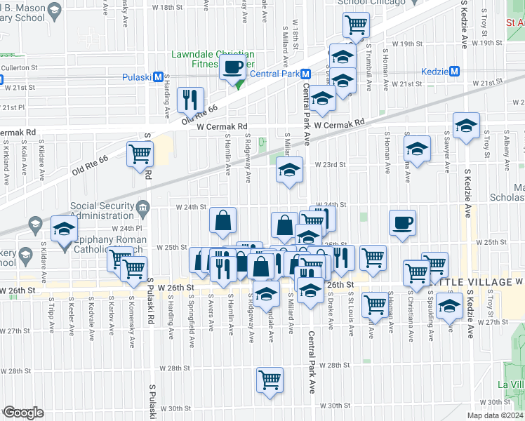map of restaurants, bars, coffee shops, grocery stores, and more near 2345 South Lawndale Avenue in Chicago