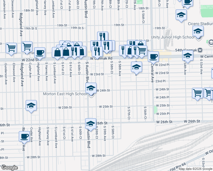 map of restaurants, bars, coffee shops, grocery stores, and more near 2313 South 59th Avenue in Cicero