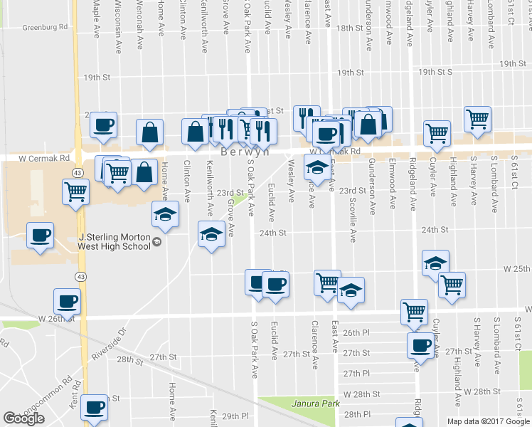 map of restaurants, bars, coffee shops, grocery stores, and more near 2307 Euclid Avenue in Berwyn