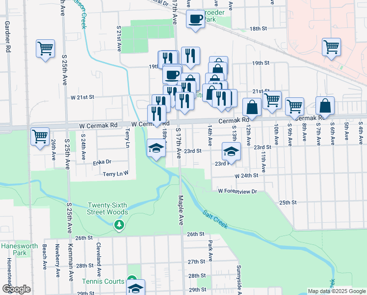 map of restaurants, bars, coffee shops, grocery stores, and more near 2229 South 17th Avenue in North Riverside