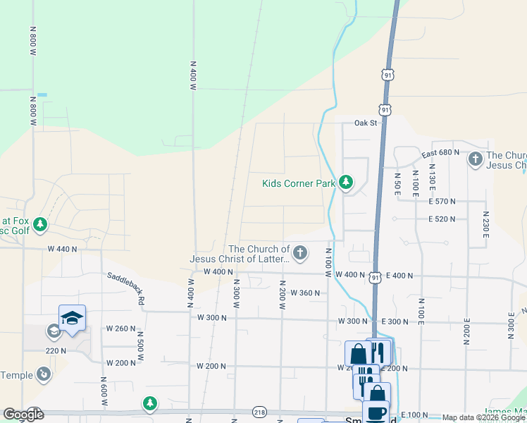 map of restaurants, bars, coffee shops, grocery stores, and more near 250 West 550 North in Smithfield