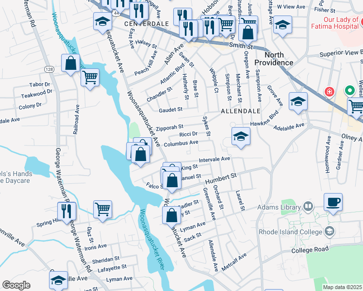 map of restaurants, bars, coffee shops, grocery stores, and more near 4 Ricci Drive in North Providence